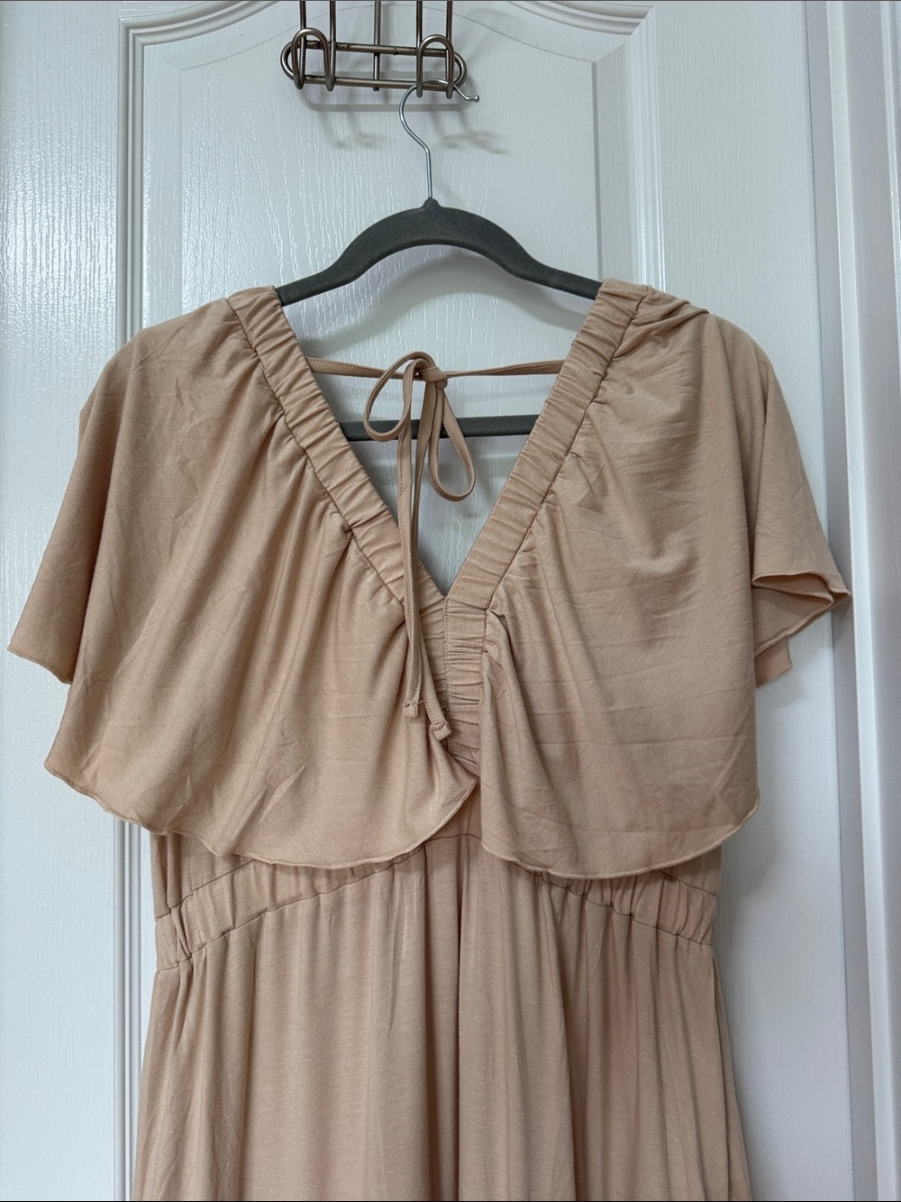 Neutral Beige Ruffle V-Neck Maxi Dress - Picture 3 of 6